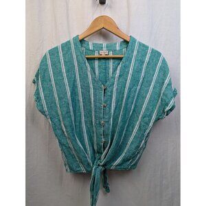 Cremieux Women's Linen Blend Teal Green Striped Dolman Sleeve Tie Blouse Sz XS